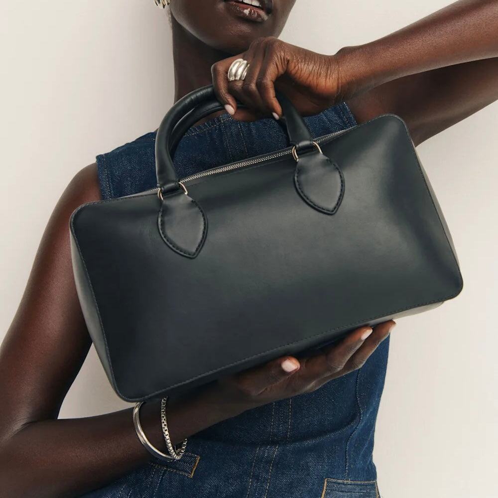Reformation Patrizia Medium Black Leather Bowling Handbag NEW Doctors Zip Bag